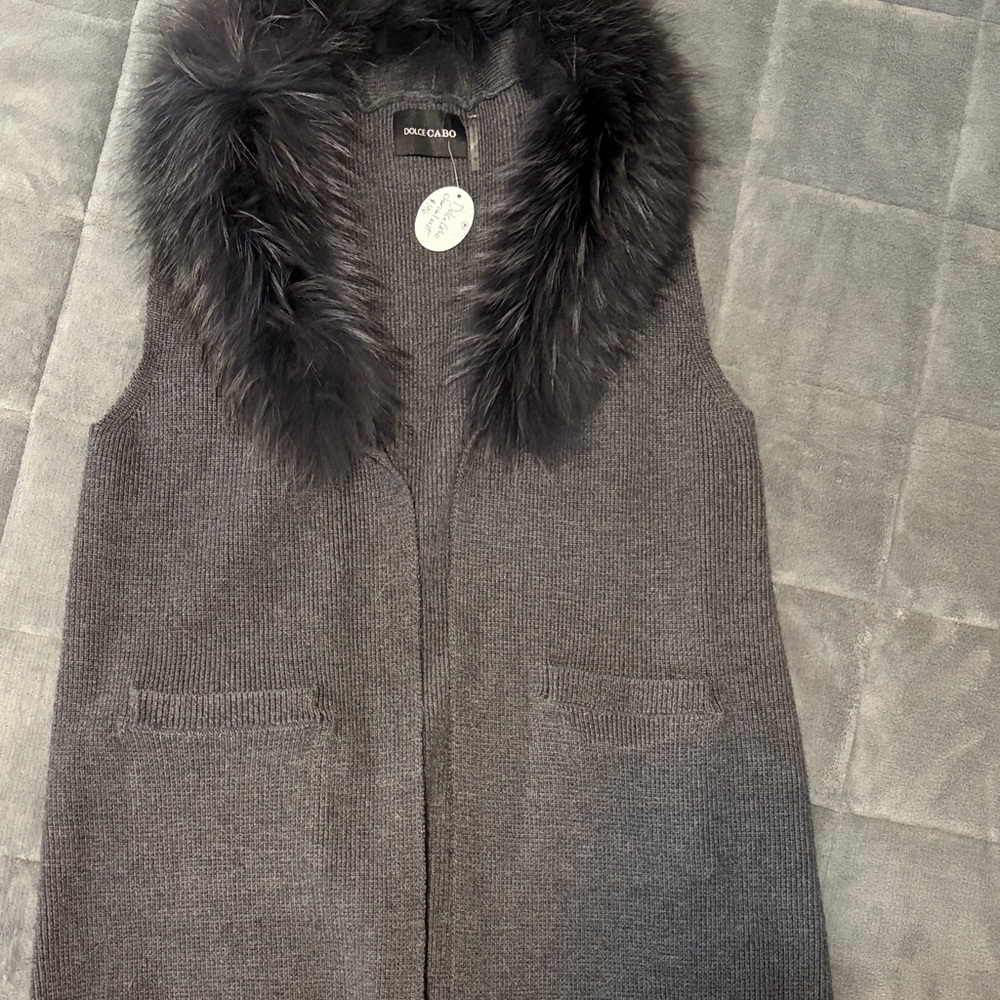 Dolce Cabo Charcoal Vest with Faux Fur Collar